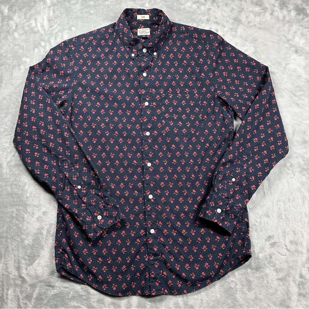 J.Crew Secret Wash Slim Fit Floral Button Down Shirt Navy Blue Stretch Medium